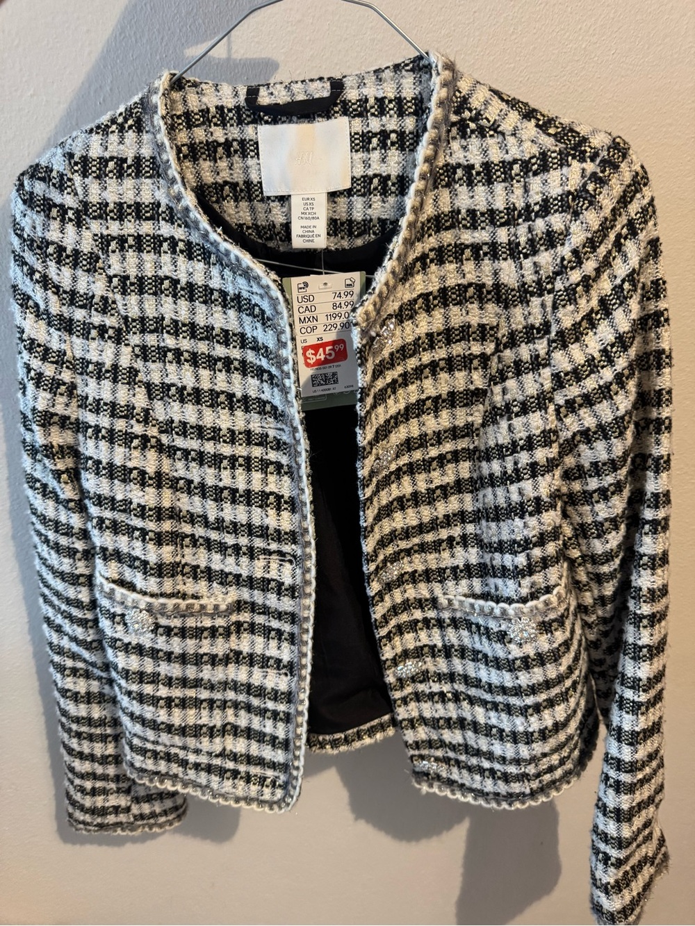 H&M Black and White Tweed Collarless Jacket